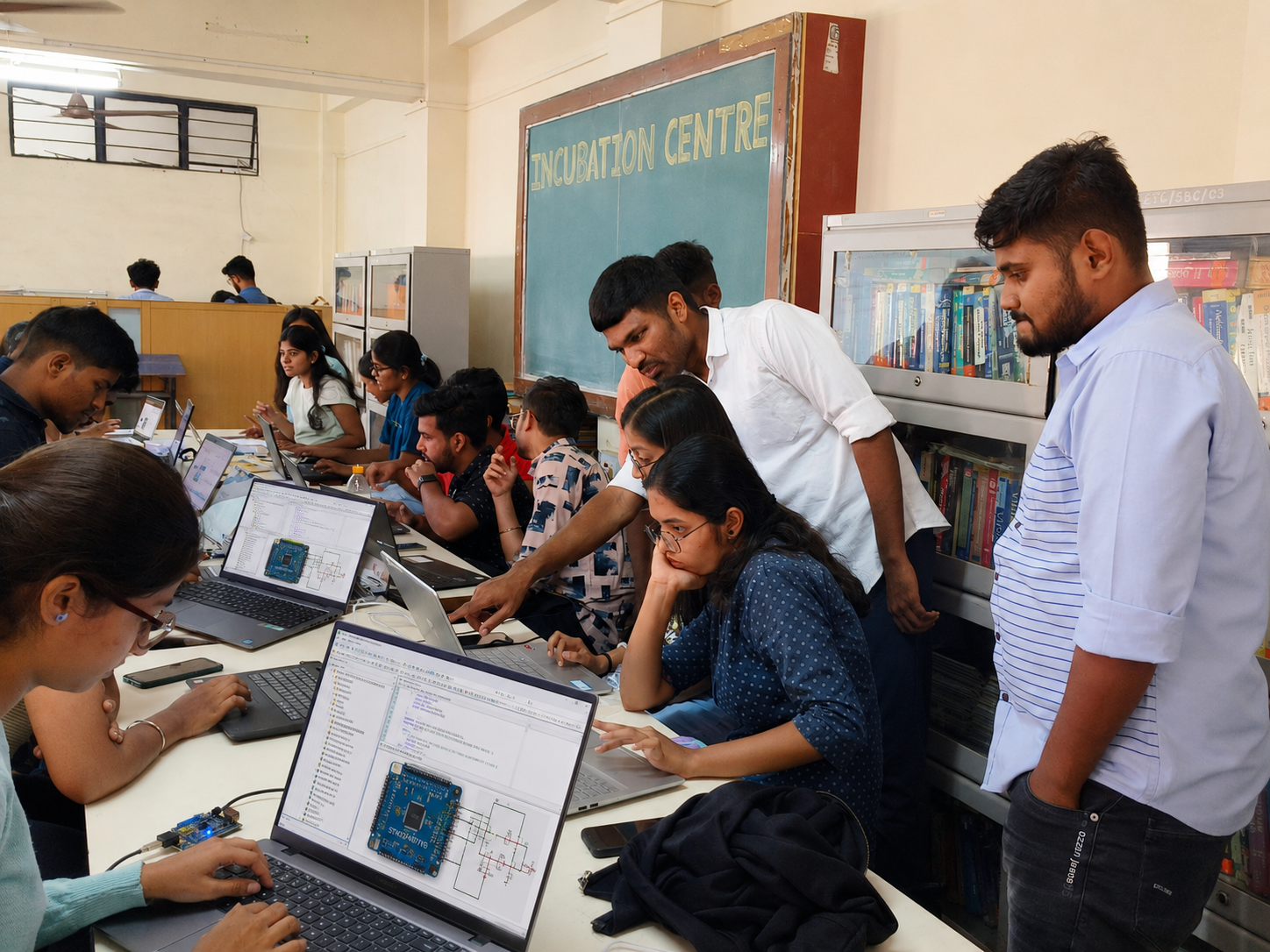 Students learning embedded systems and STM32 at Make IoT