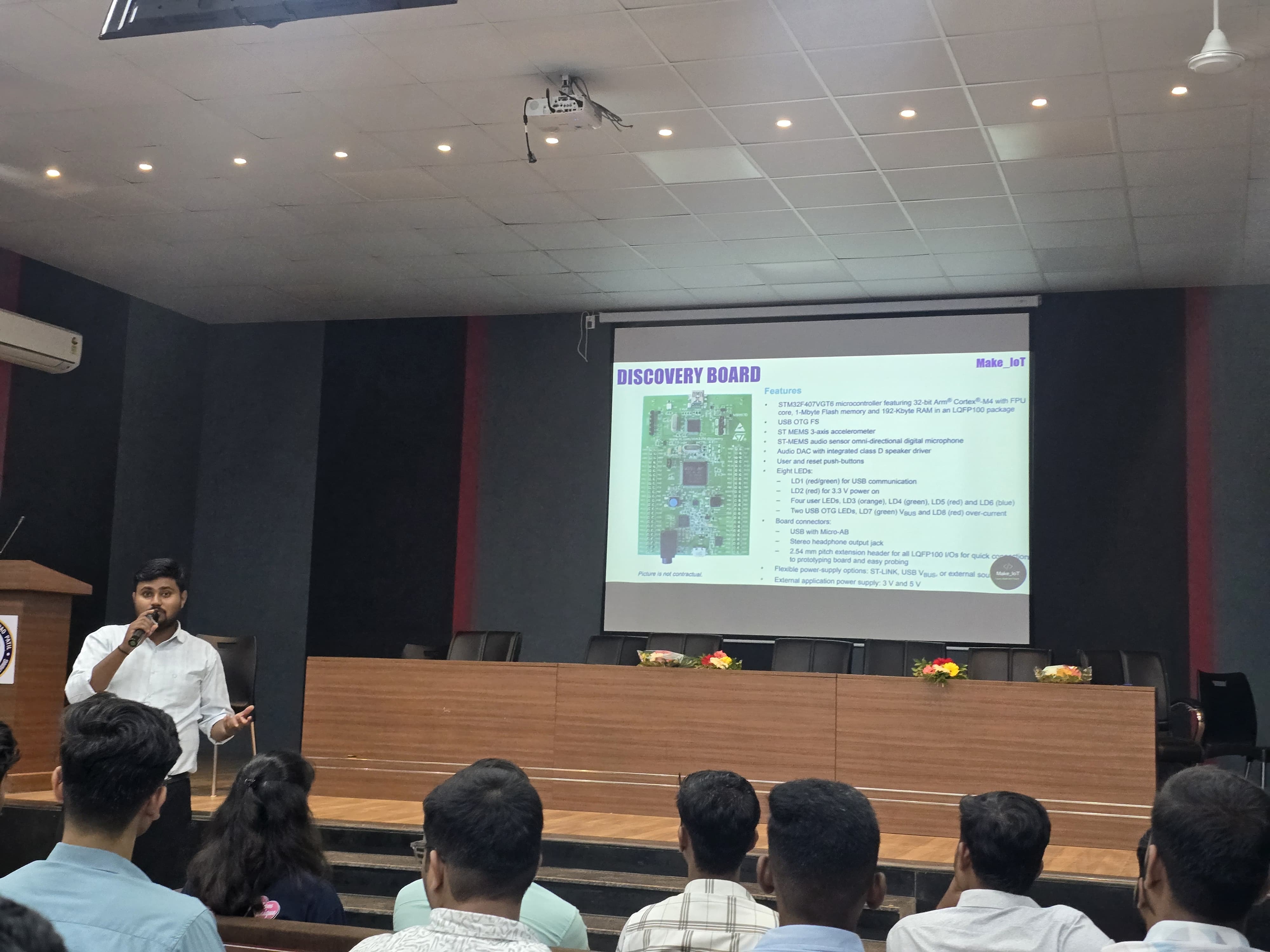 STM32 development board presentation during an embedded systems workshop at Vidya Pratishthan's Kamalnayan Bajaj Institute of Engineering & Technology