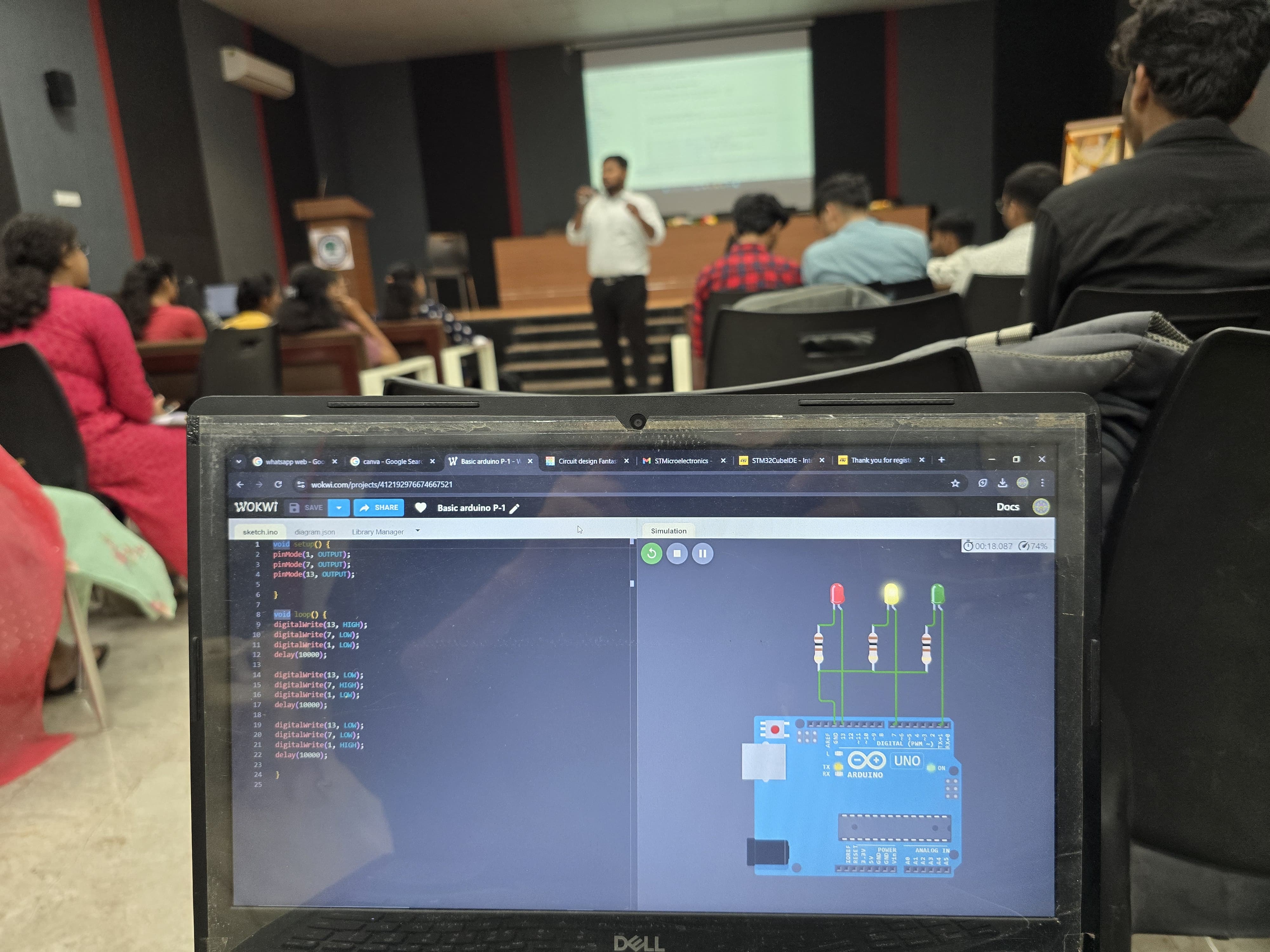 Students working on Arduino simulation projects during an IoT workshop at Karmaveer Bhaurao Patil College of Engineering Satara