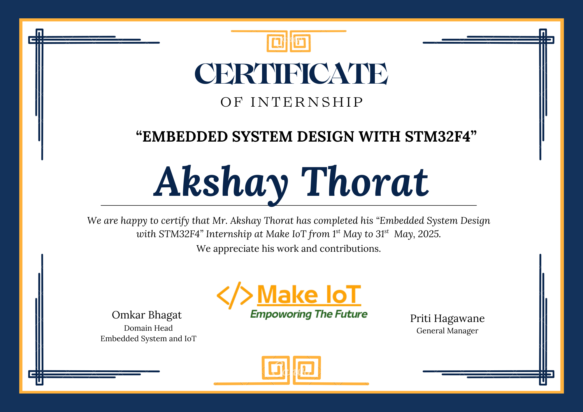 Sample Internship Certificate - Embedded Systems & IoT Internship